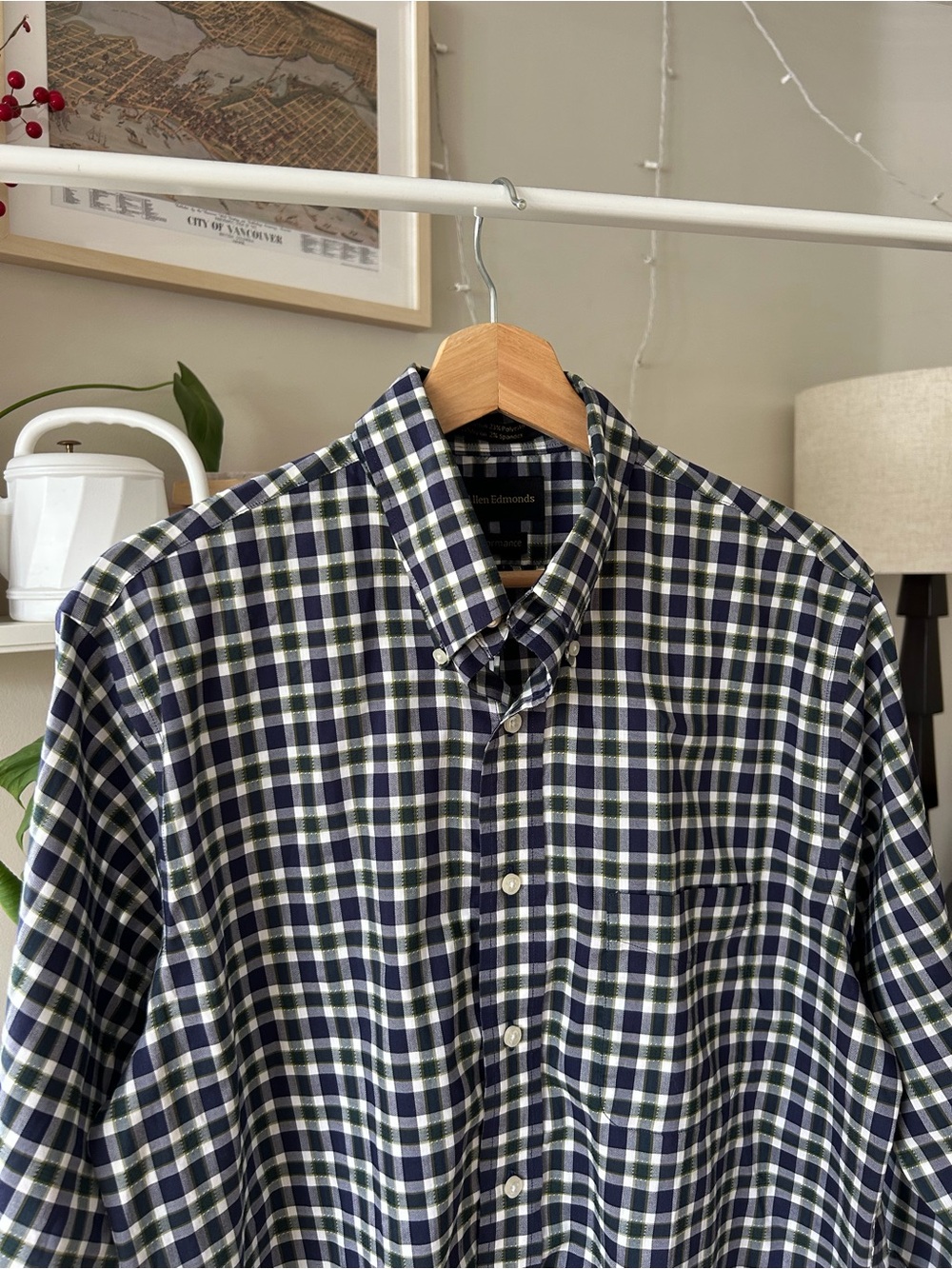 Allen Edmonds Performance Navy, White and Green Plaid Button-Down Shirt